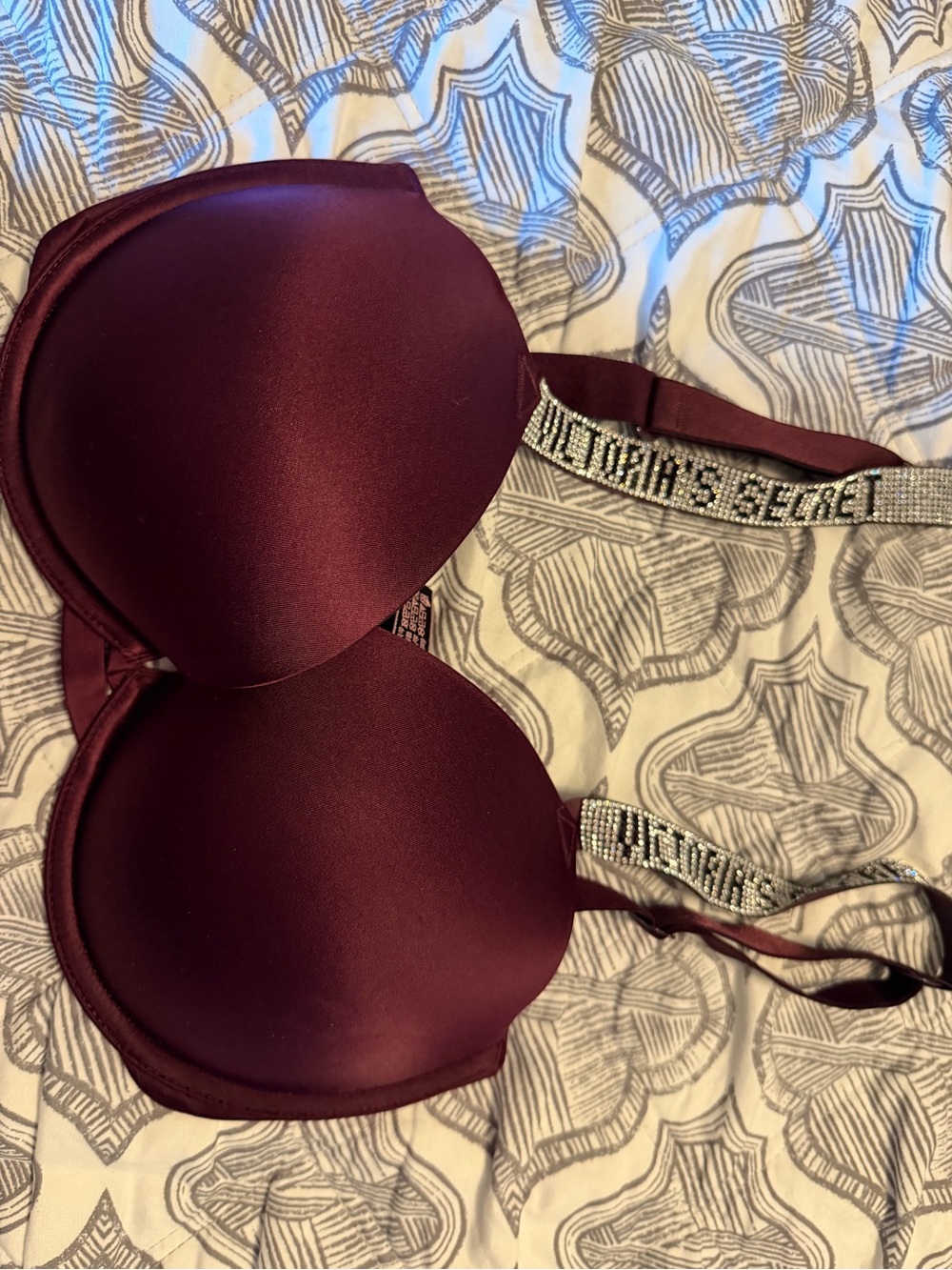 Victoria's Secret Wine Satin Push-Up Bra with Embellished Logo Straps